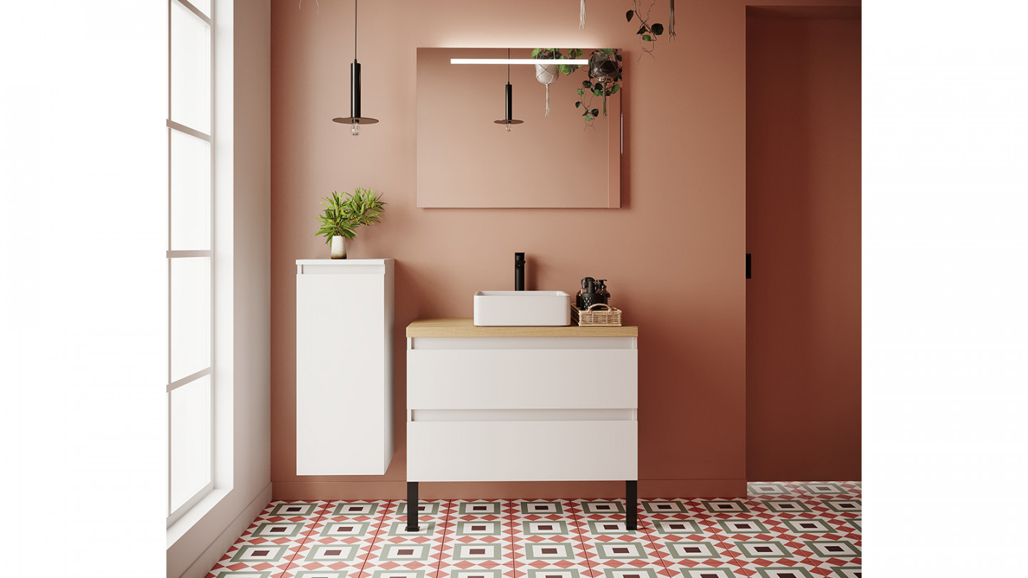 Meuble de salle de bain suspendu vasque à poser 90cm 2 tiroirs Blanc + miroir + colonne ouverture gauche - Rivage
