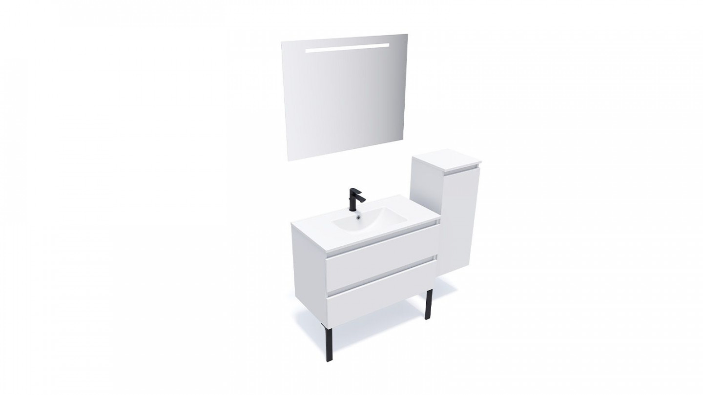 Meuble de salle de bain suspendu vasque intégrée 90cm 2 tiroirs Blanc + miroir + colonne ouverture droite - Rivage