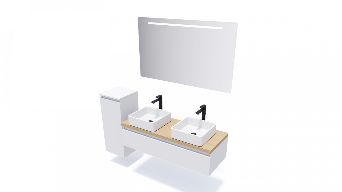 Meuble de salle de bain suspendu 2 vasques à poser 120cm 1 tiroir Blanc + miroir - Rivage