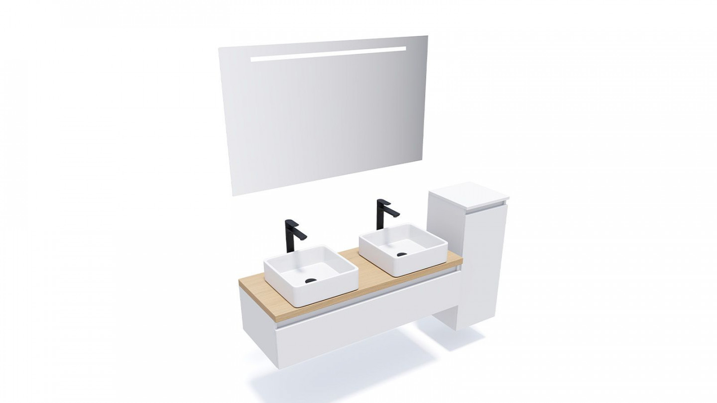 Meuble de salle de bain suspendu 2 vasques à poser 120cm 1 tiroir Blanc + miroir + colonne ouverture droite - Rivage