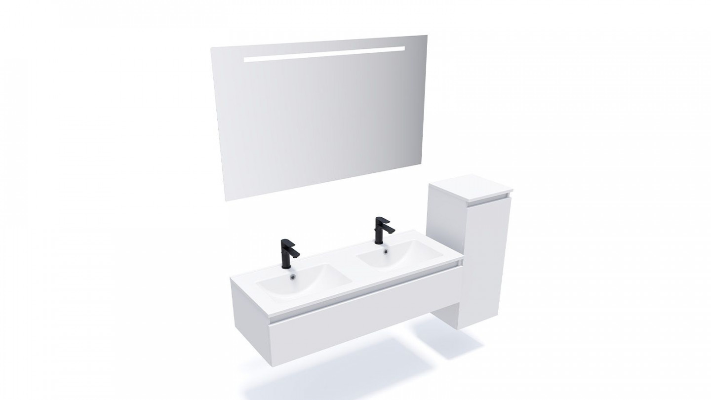 Meuble de salle de bain suspendu double vasque intégrée 120cm 1 tiroir Blanc + miroir + colonne ouverture droite - Rivage