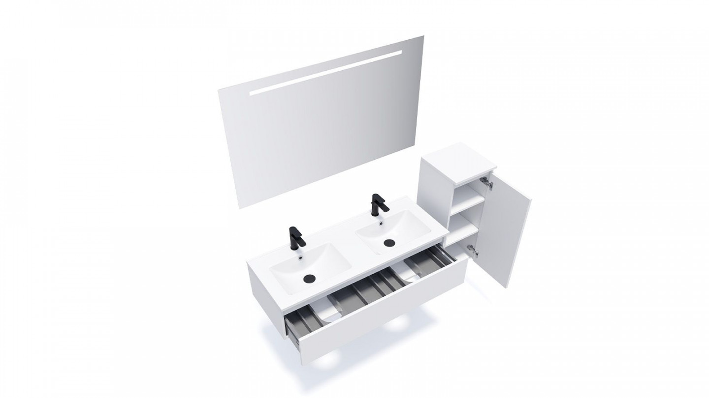 Meuble de salle de bain suspendu double vasque intégrée 120cm 1 tiroir Blanc + miroir + colonne ouverture droite - Rivage
