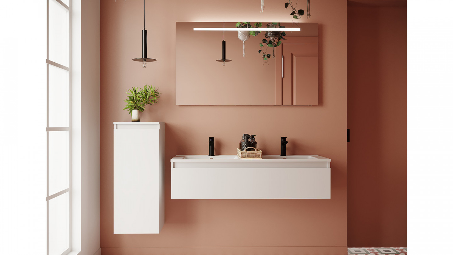 Meuble de salle de bain suspendu double vasque intégrée 120cm 1 tiroir Blanc + miroir + colonne ouverture gauche - Rivage