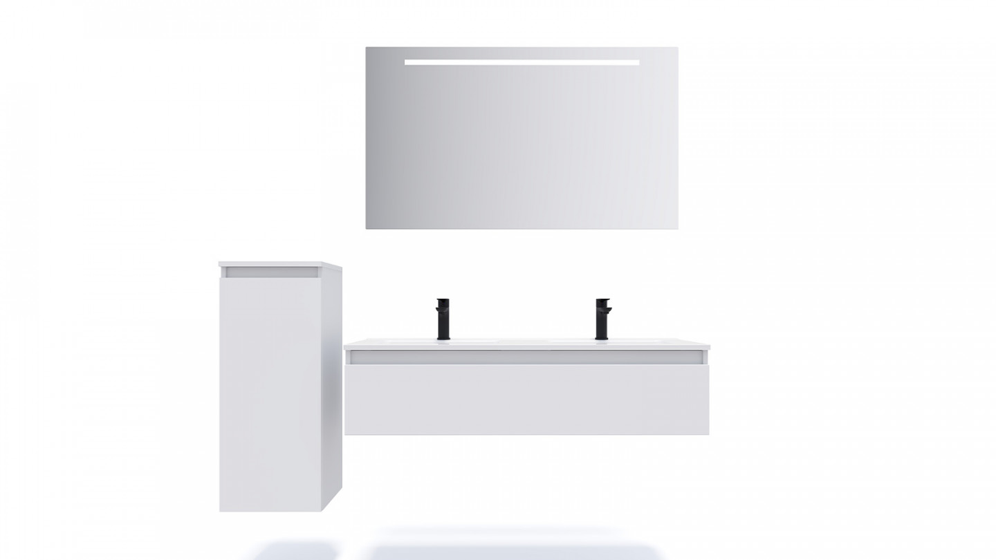 Meuble de salle de bain suspendu double vasque intégrée 120cm 1 tiroir Blanc + miroir + colonne ouverture gauche - Rivage