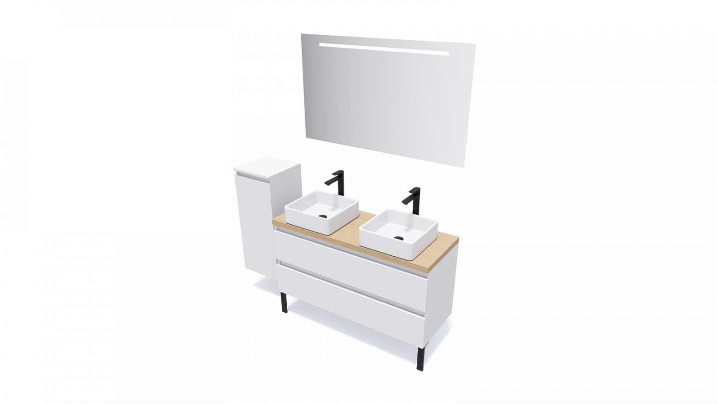 Meuble de salle de bain suspendu 2 vasques à poser 120cm 2 tiroirs Blanc - Rivage