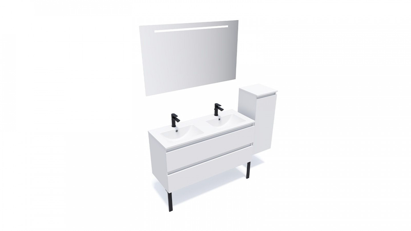 Meuble de salle de bain suspendu double vasque intégrée 120cm 2 tiroirs Blanc + miroir + colonne ouverture droite - Rivage