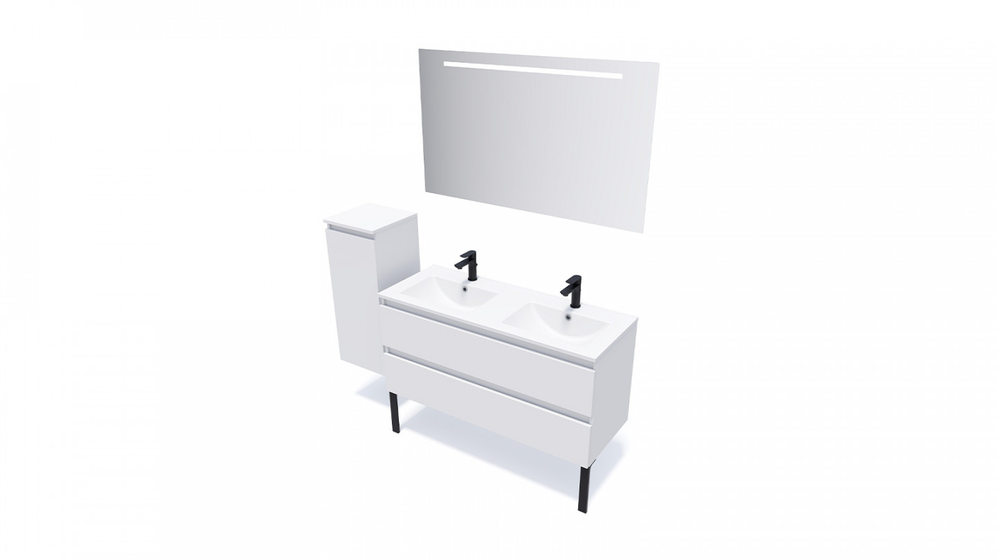 Meuble de salle de bain suspendu double vasque intégrée 120cm 2 tiroirs Blanc + miroir + colonne ouverture gauche - Rivage