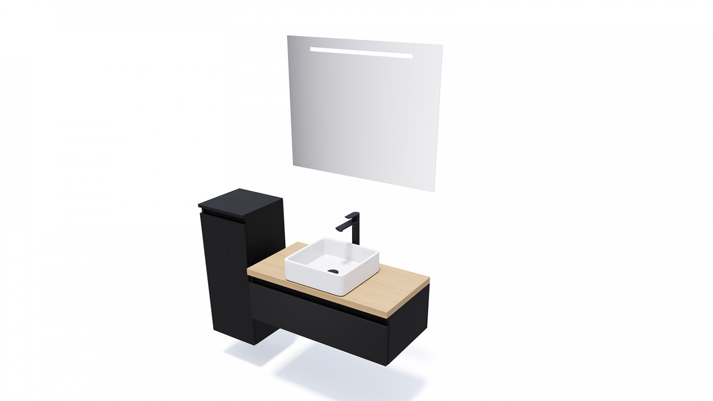 Meuble de salle de bain suspendu vasque à poser 90cm 1 tiroir Noir + miroir - Rivage