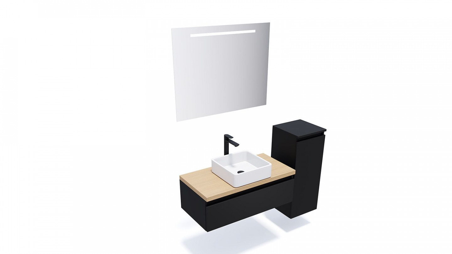 Meuble de salle de bain suspendu vasque à poser 90cm 1 tiroir Noir + miroir + colonne ouverture droite - Rivage