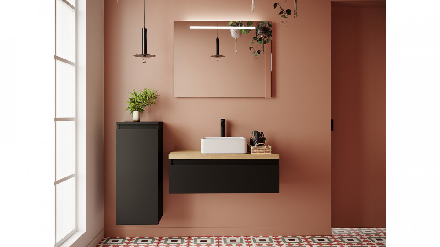 Meuble de salle de bain suspendu vasque à poser 90cm 1 tiroir Noir + miroir + colonne ouverture gauche - Rivage