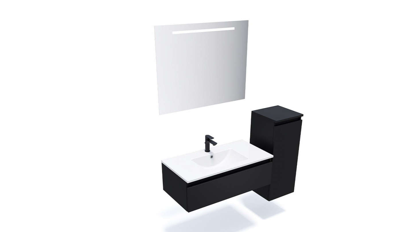 Meuble de salle de bain suspendu vasque intégrée 90cm 1 tiroir Noir + miroir + colonne ouverture droite - Rivage