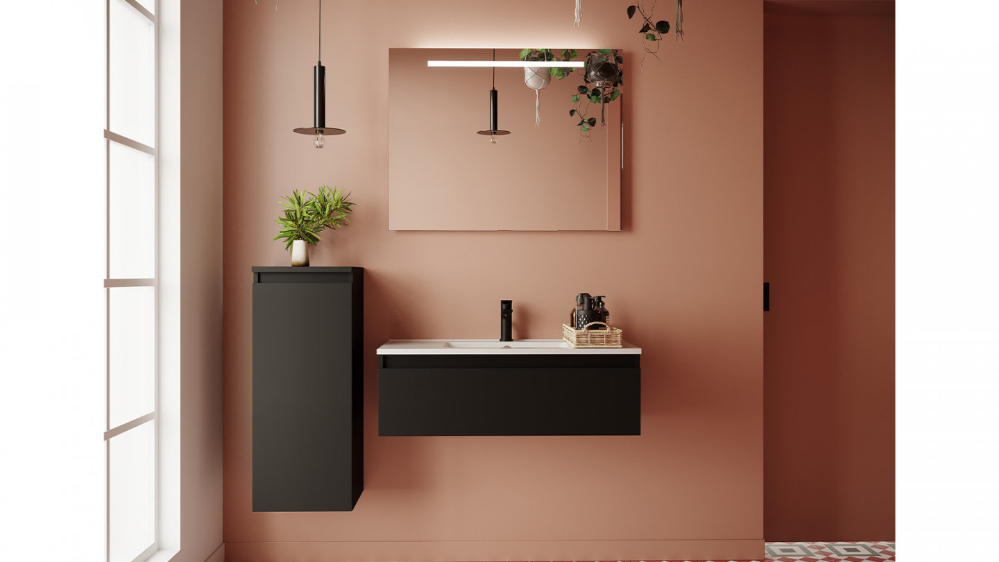 Meuble de salle de bain suspendu vasque intégrée 90cm 1 tiroir Noir + miroir + colonne ouverture gauche - Rivage