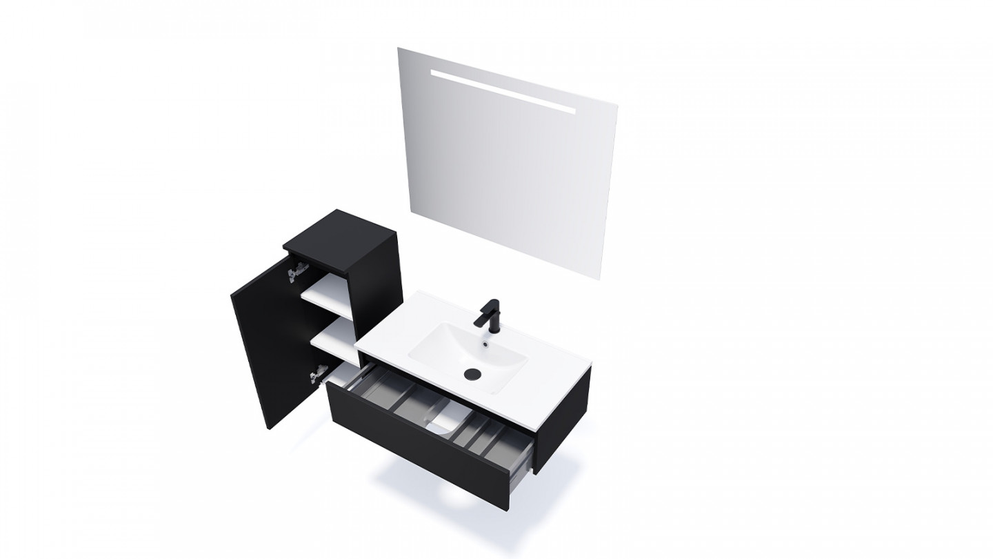 Meuble de salle de bain suspendu vasque intégrée 90cm 1 tiroir Noir + miroir + colonne ouverture gauche - Rivage