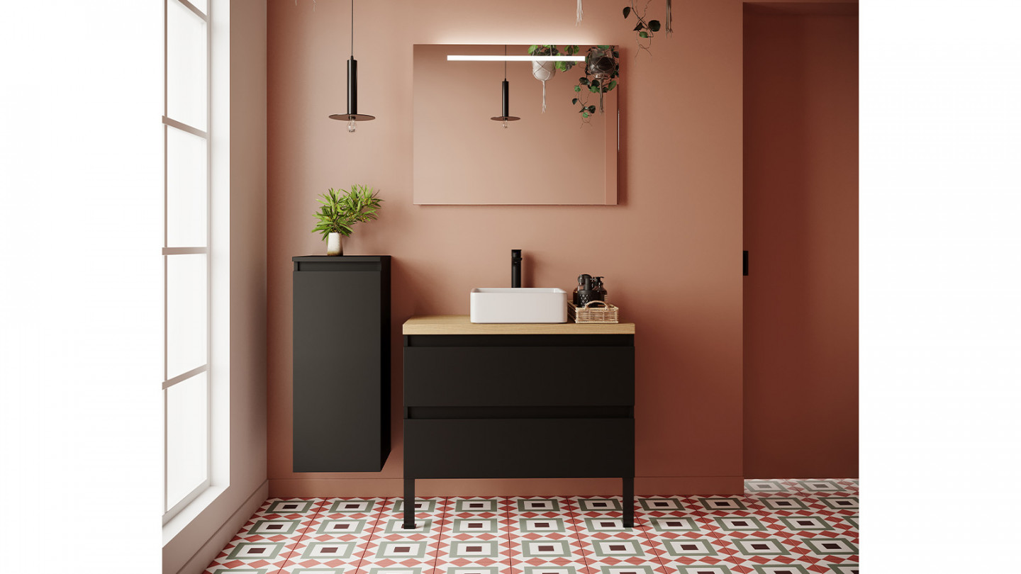 Meuble de salle de bain suspendu vasque à poser 90cm 2 tiroirs Noir - Rivage