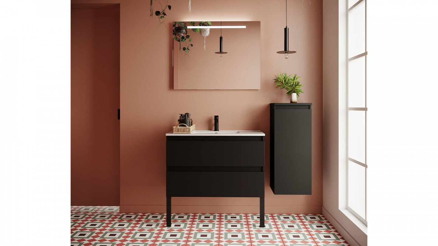 Meuble de salle de bain suspendu vasque intégrée 90cm 2 tiroirs Noir + miroir + colonne ouverture droite - Rivage