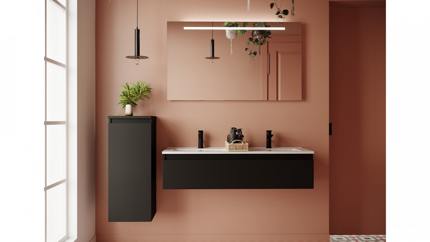 Meuble de salle de bain suspendu double vasque intégrée 120cm 1 tiroir Noir - Rivage