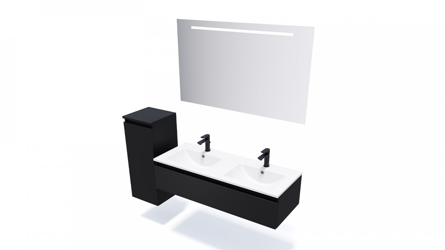Meuble de salle de bain suspendu double vasque intégrée 120cm 1 tiroir Noir + miroir - Rivage
