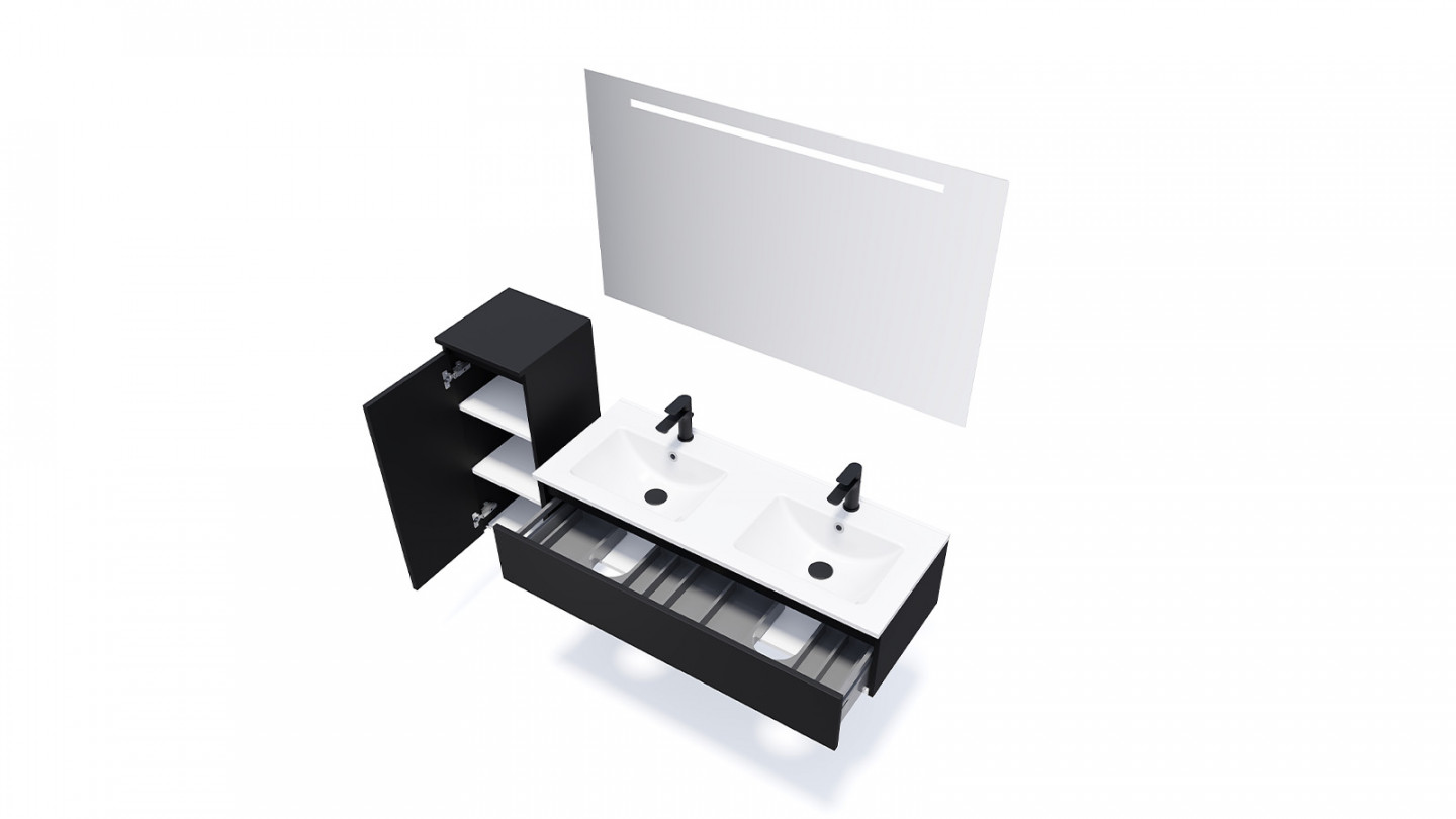 Meuble de salle de bain suspendu double vasque intégrée 120cm 1 tiroir Noir + miroir - Rivage