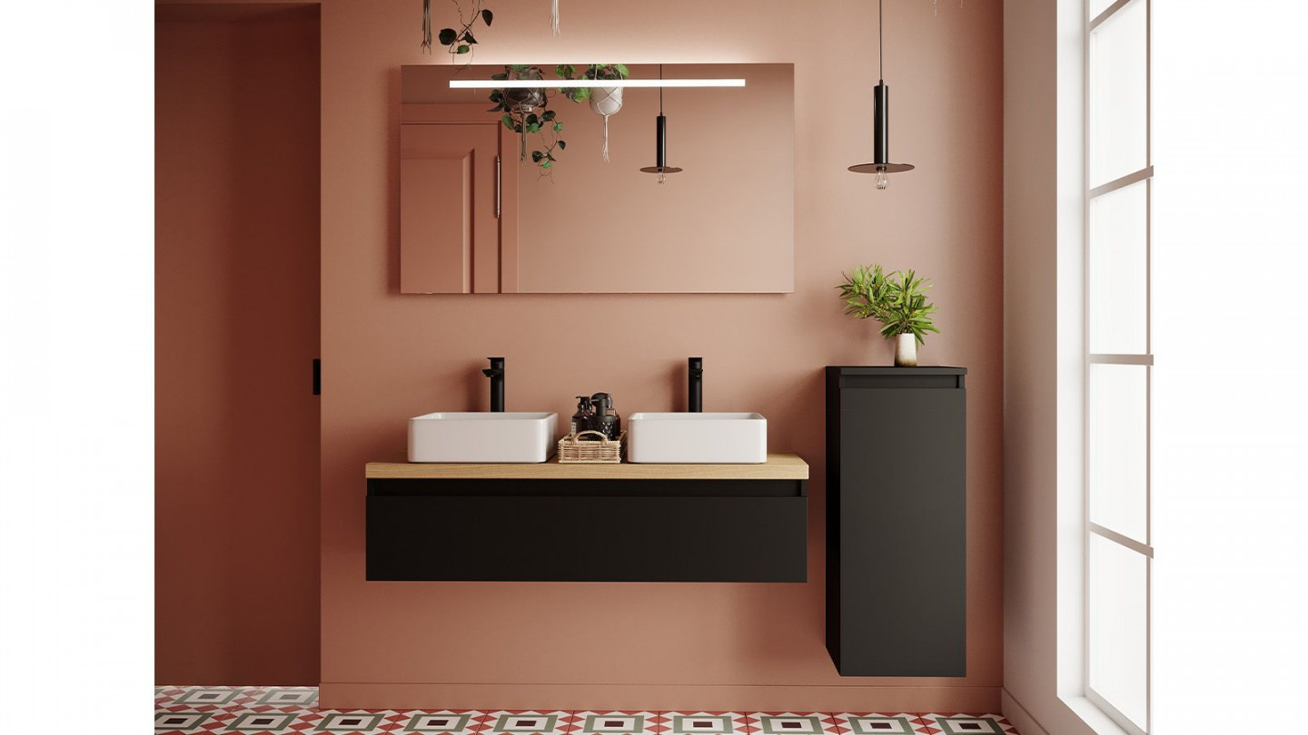 Meuble de salle de bain suspendu 2 vasques à poser 120cm 1 tiroir Noir + miroir + colonne ouverture droite - Rivage