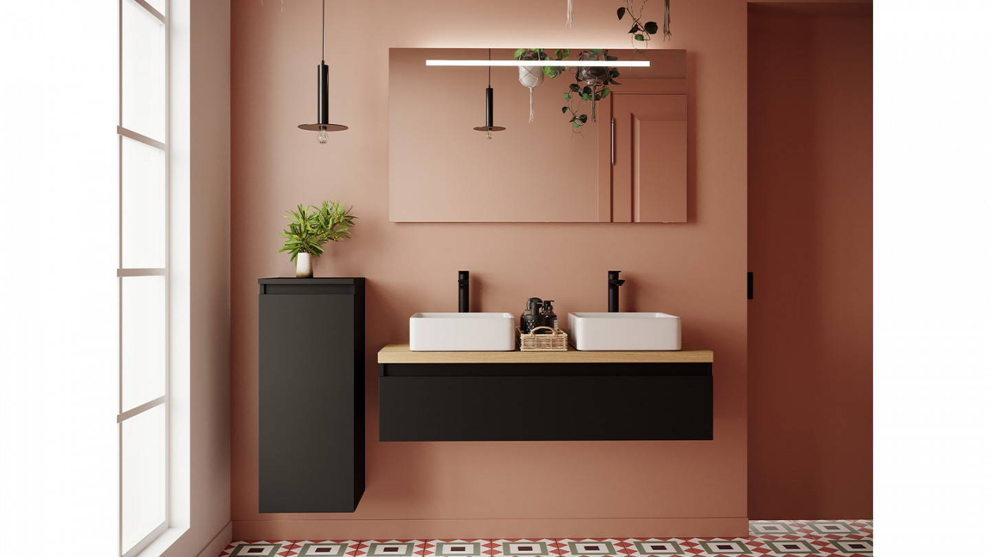 Meuble de salle de bain suspendu 2 vasques à poser 120cm 1 tiroir Noir + miroir + colonne ouverture gauche - Rivage