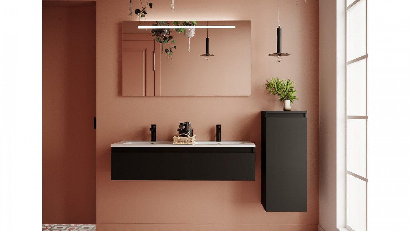 Meuble de salle de bain suspendu double vasque intégrée 120cm 1 tiroir Noir + miroir + colonne ouverture droite - Rivage