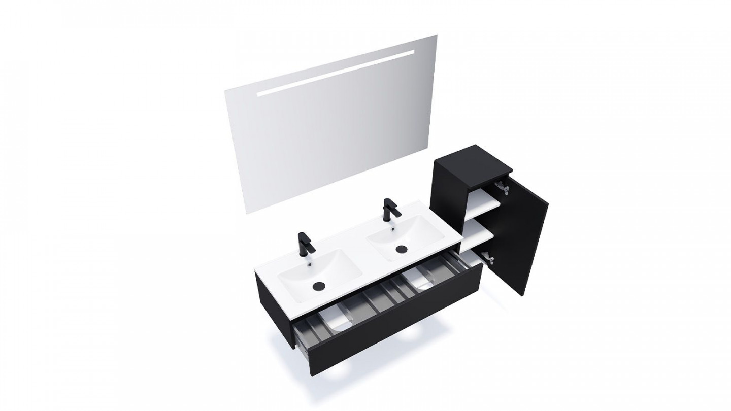 Meuble de salle de bain suspendu double vasque intégrée 120cm 1 tiroir Noir + miroir + colonne ouverture droite - Rivage