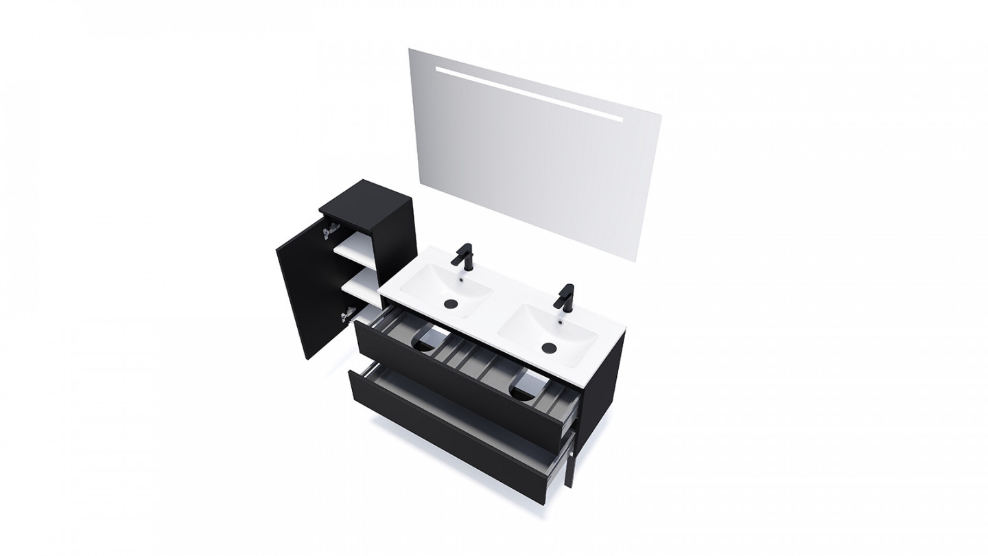 Meuble de salle de bain suspendu double vasque intégrée 120cm 2 tiroirs Noir + miroir - Rivage
