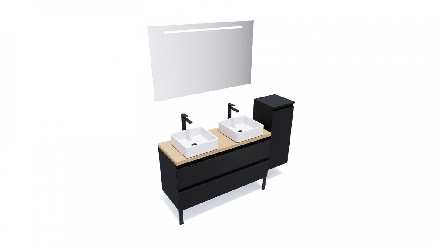 Meuble de salle de bain suspendu 2 vasques à poser 120cm 2 tiroirs Noir + miroir + colonne ouverture droite - Rivage