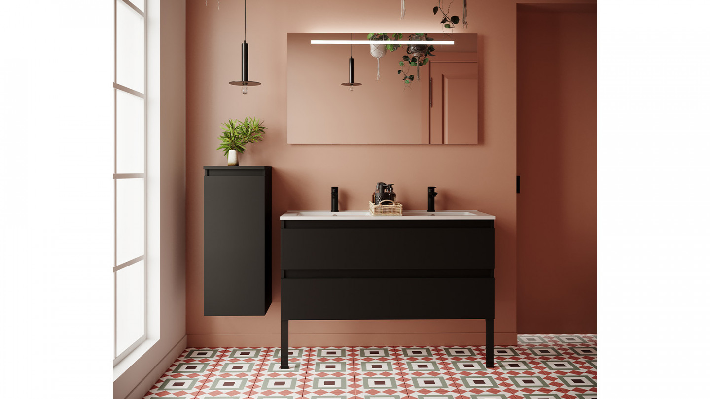 Meuble de salle de bain suspendu double vasque intégrée 120cm 2 tiroirs Noir + miroir + colonne ouverture gauche - Rivage