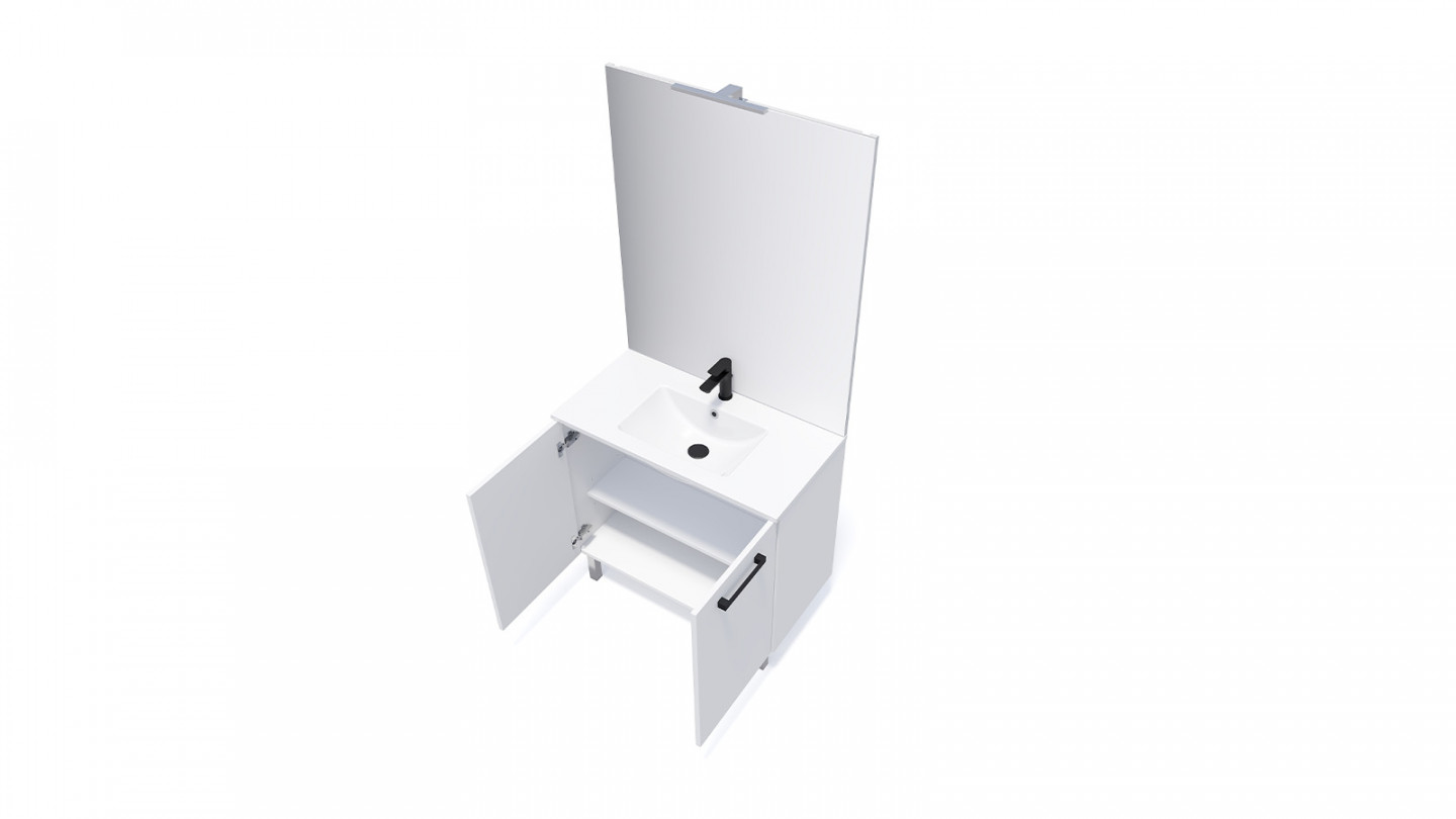 Meuble de salle de bain suspendu avec pieds vasque intégrée 90cm 2 portes Blanc + miroir - Chango
