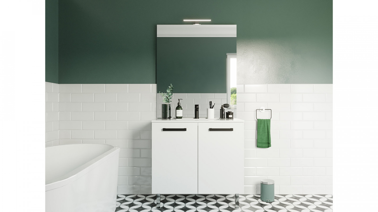 Rubite Meuble Salle De Bain Simple Vasque 2 Portes Blanc Largeur 90 Cm Miroir Armoire