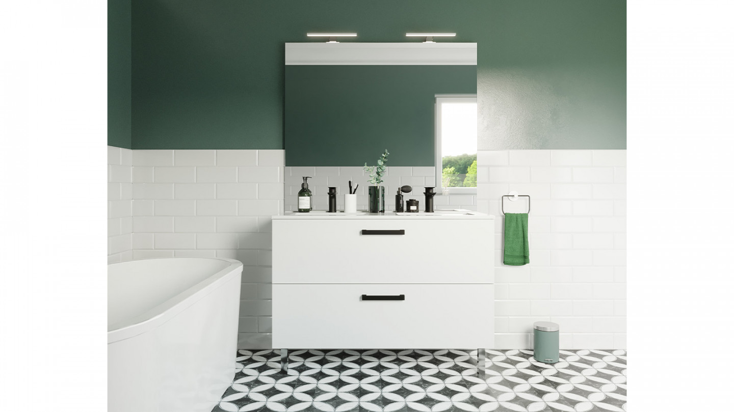 Meuble de salle de bain suspendu avec pieds double vasque intégrée 120cm 2 tiroirs Blanc + miroir - Chango