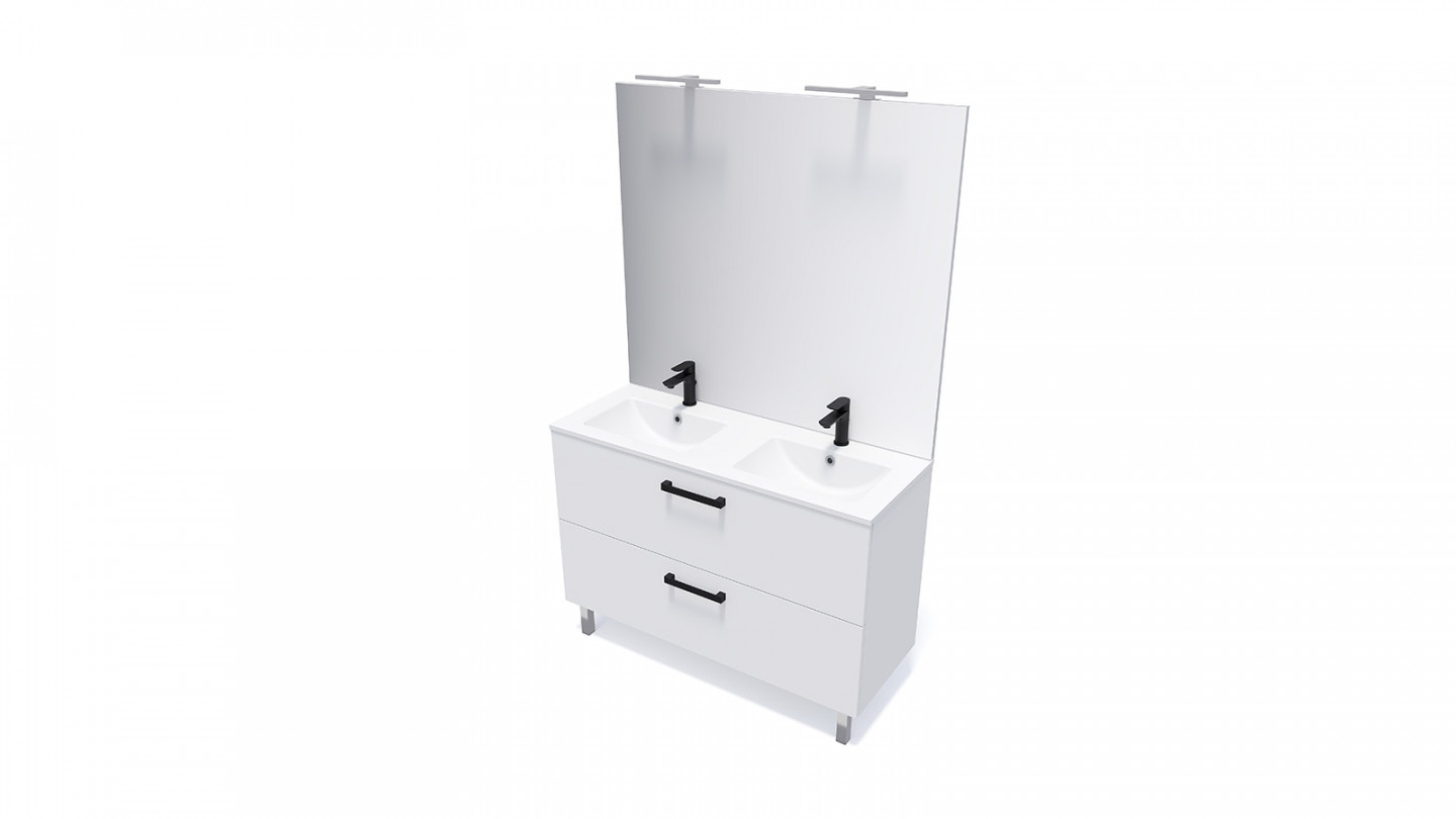 Meuble de salle de bain suspendu avec pieds double vasque intégrée 120cm 2 tiroirs Blanc + miroir - Chango