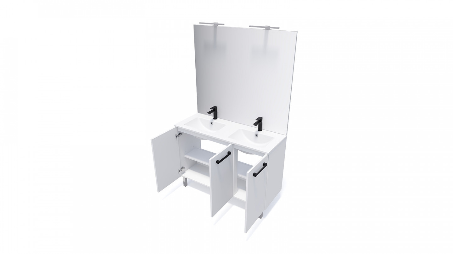 Meuble de salle de bain suspendu avec pieds double vasque intégrée 120cm 3 portes Blanc - Chango