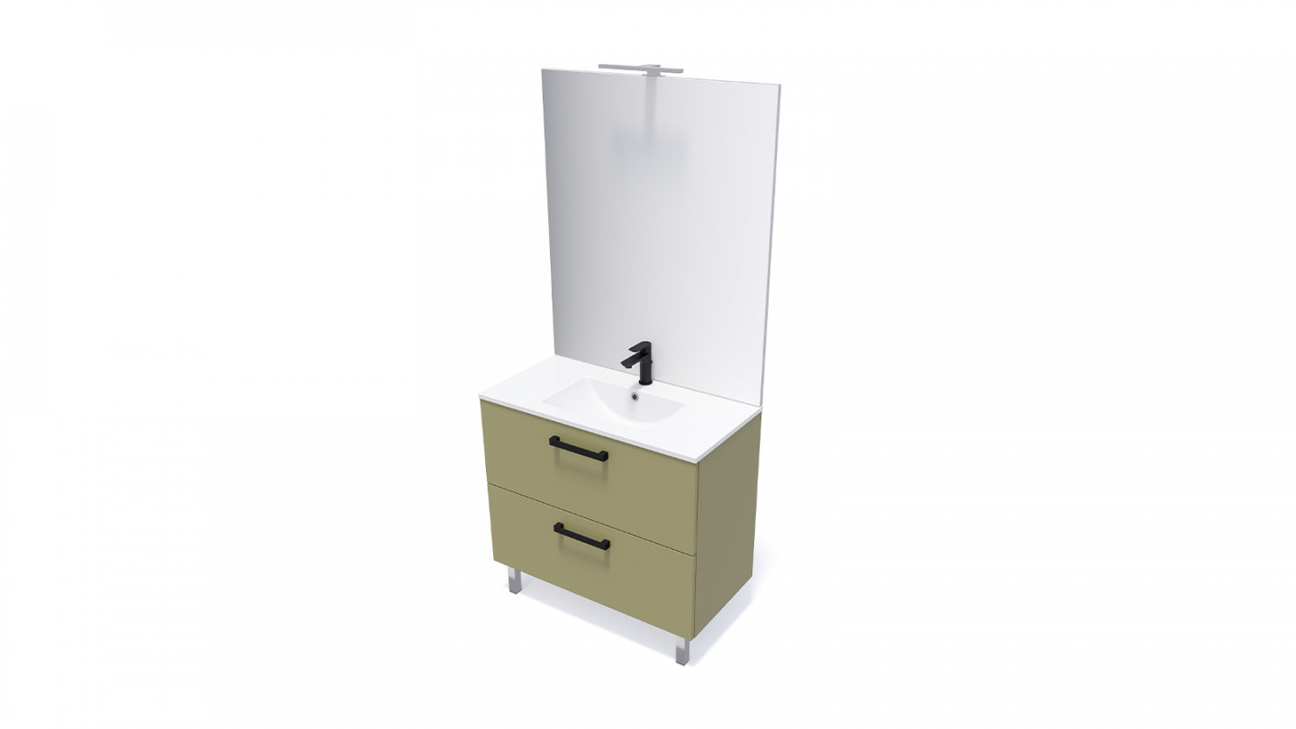 Meuble de salle de bain suspendu avec pieds vasque intégrée 90cm 2 tiroirs Vert olive + miroir - Chango
