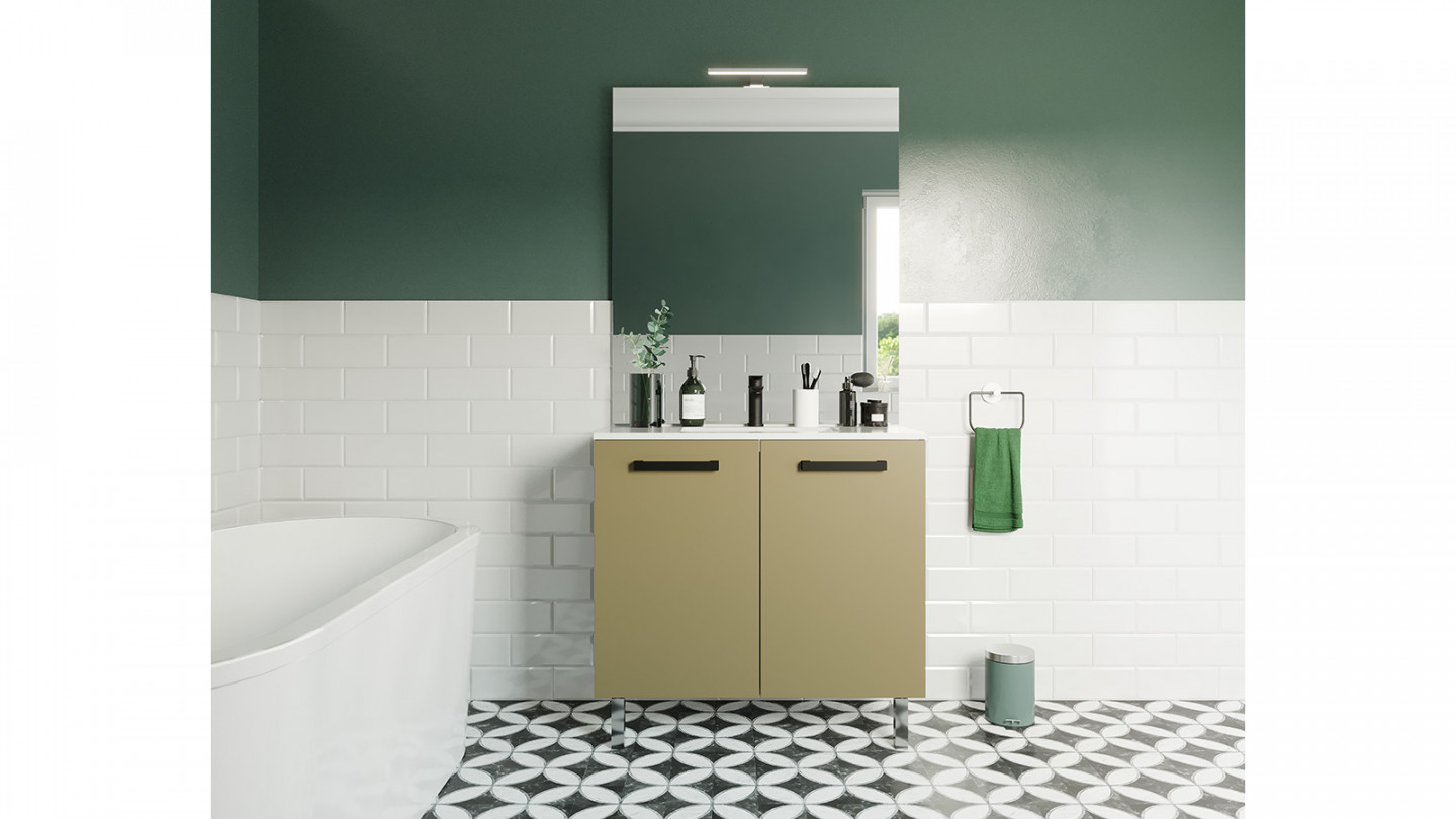 Meuble de salle de bain suspendu avec pieds vasque intégrée 90cm 2 portes Vert olive + miroir - Chango