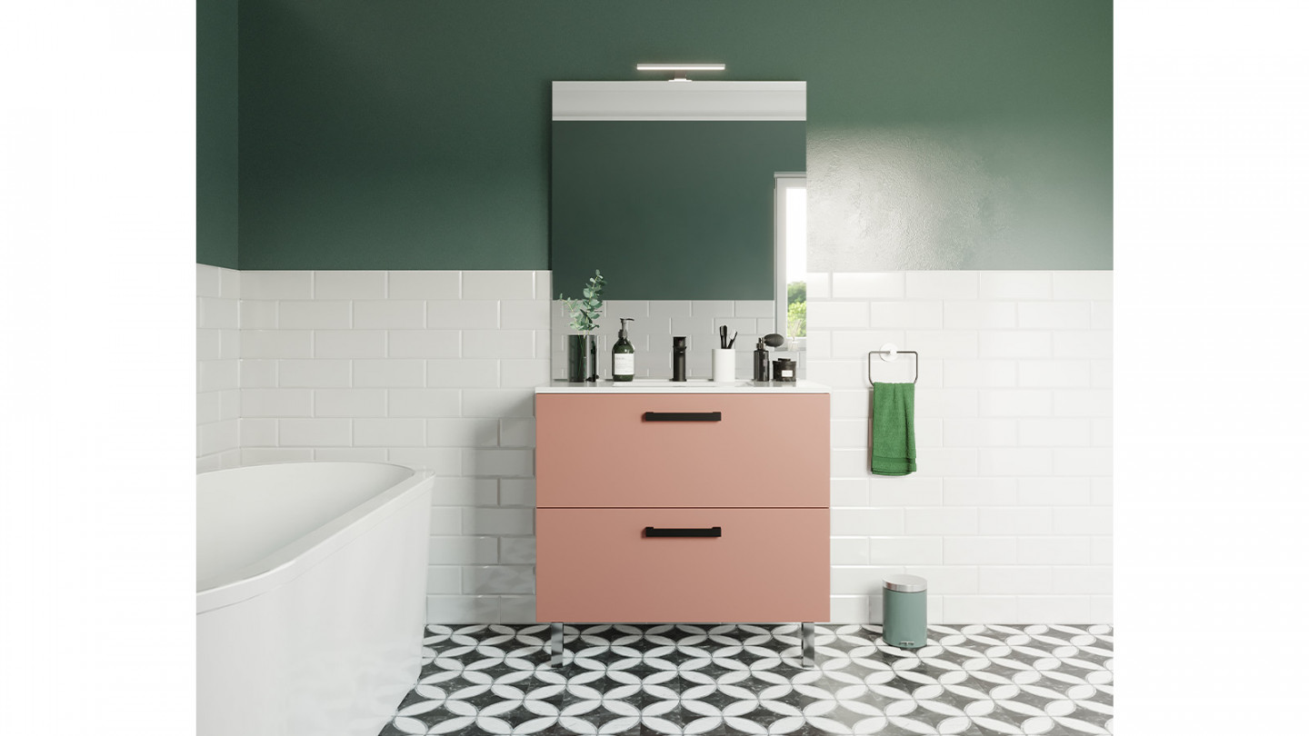Meuble de salle de bain suspendu avec pieds vasque intégrée 90cm 2 tiroirs Abricot + miroir - Chango