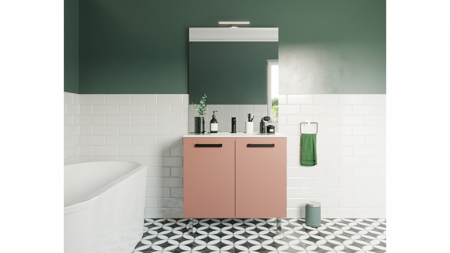 Meuble de salle de bain suspendu avec pieds vasque intégrée 90cm 2 portes Abricot + miroir - Chango