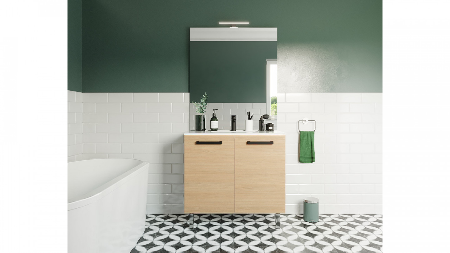 Meuble de salle de bain suspendu avec pieds vasque intégrée 90cm 2 portes Chêne clair + miroir - Chango