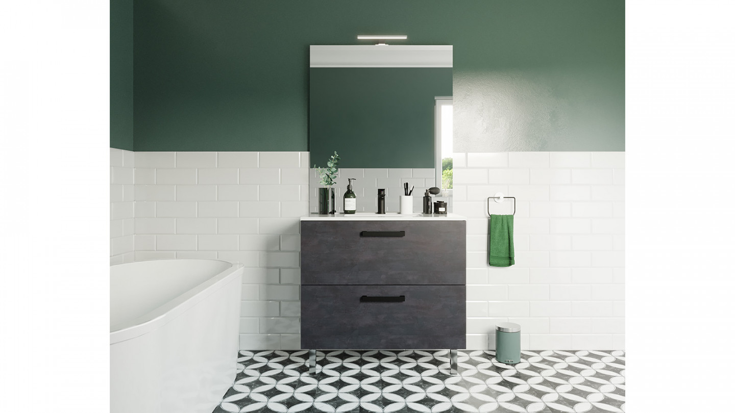 Meuble de salle de bain suspendu avec pieds vasque intégrée 90cm 2 tiroirs Ardoise métallisée + miroir - Chango