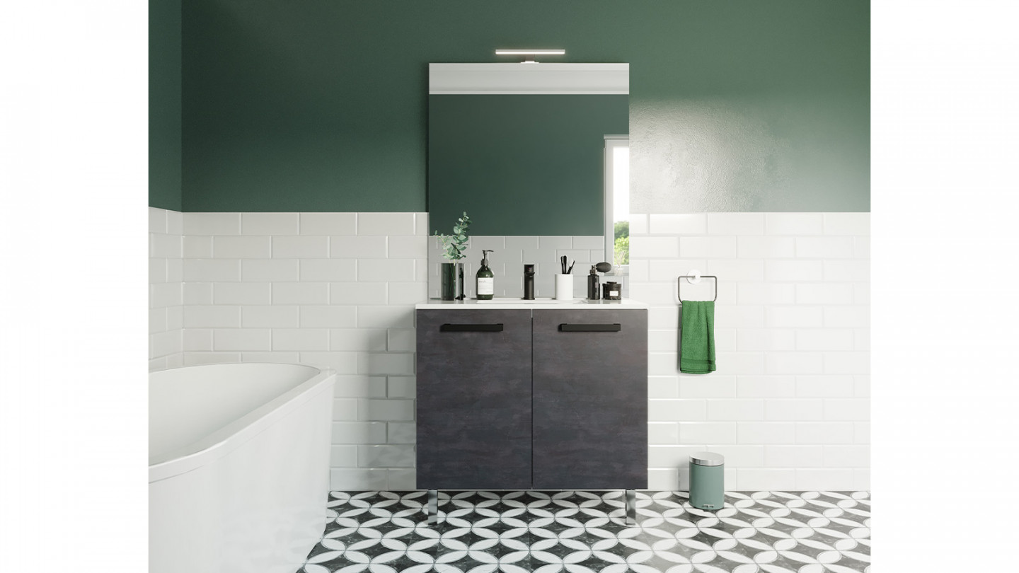 Meuble de salle de bain suspendu avec pieds vasque intégrée 90cm 2 portes Ardoise métallisée + miroir - Chango