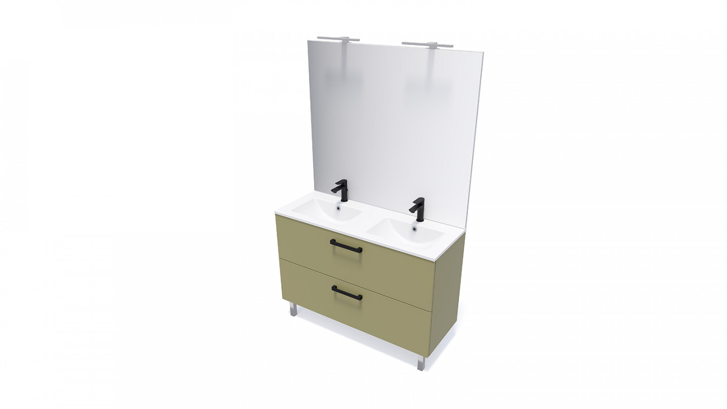 Meuble de salle de bain suspendu avec pieds double vasque intégrée 120cm 2 tiroirs Vert olive + miroir - Chango