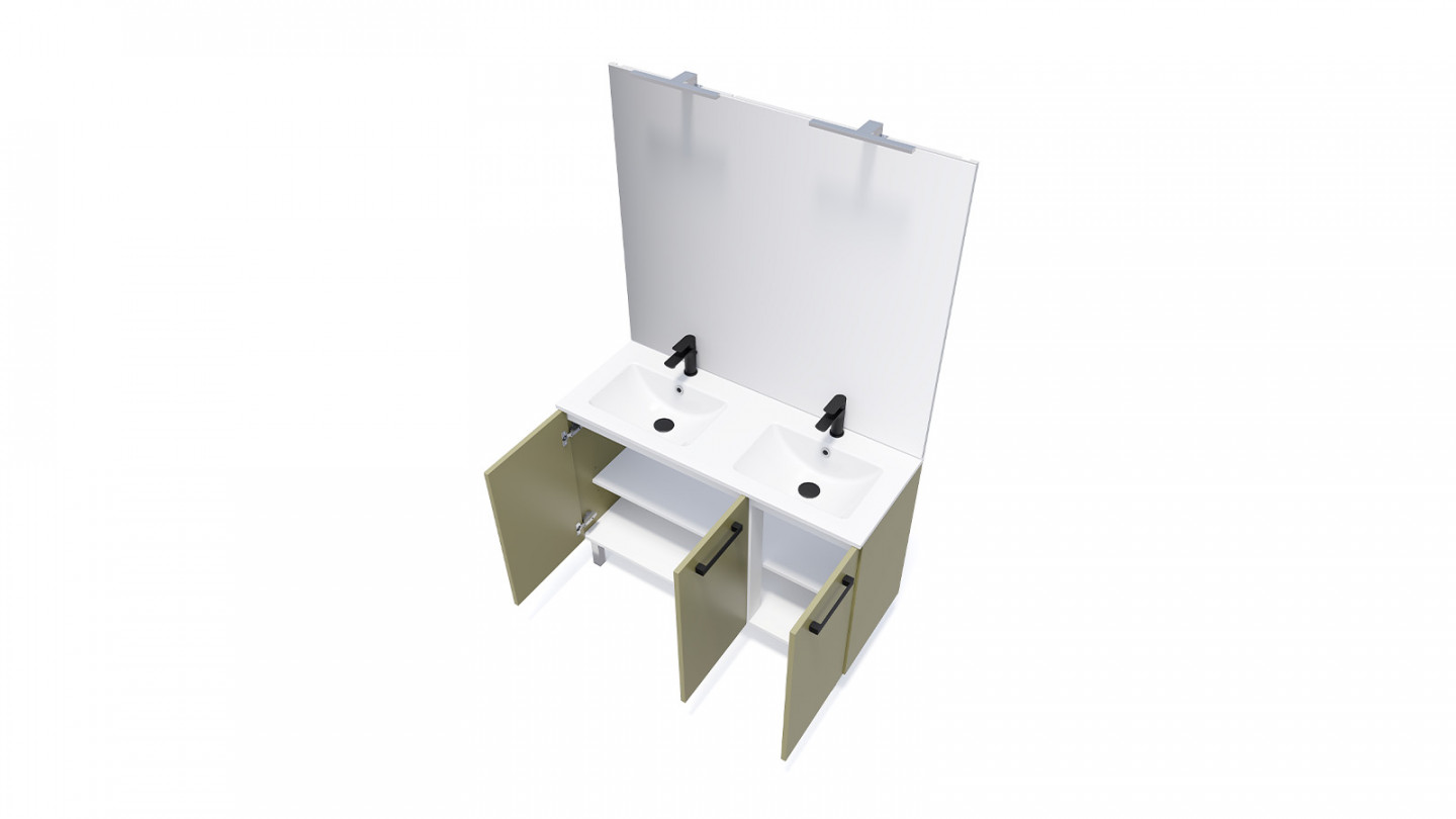 Meuble de salle de bain suspendu avec pieds double vasque intégrée 120cm 3 portes Vert olive - Chango