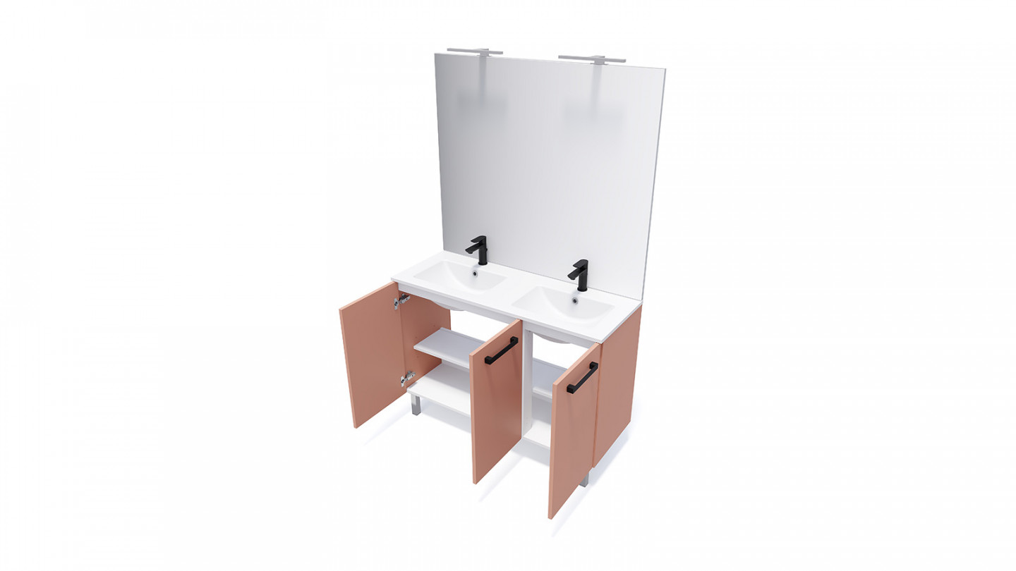 Meuble de salle de bain suspendu avec pieds double vasque intégrée 120cm 3 portes Abricot + miroir - Chango