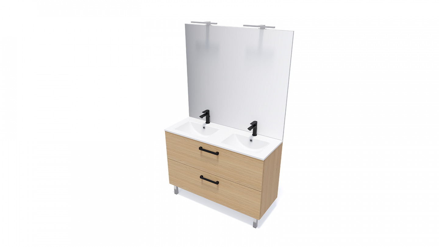 Meuble de salle de bain suspendu avec pieds double vasque intégrée 120cm 2 tiroirs Chêne clair - Chango