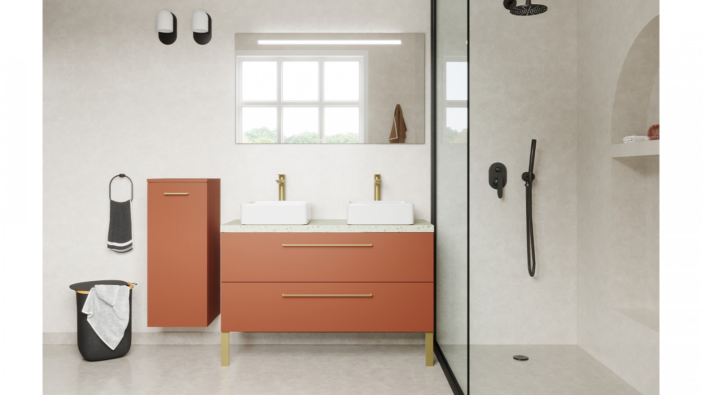 Meuble de salle de bain suspendu 2 vasques à poser 120cm 2 tiroirs Terracotta + miroir - Osmose