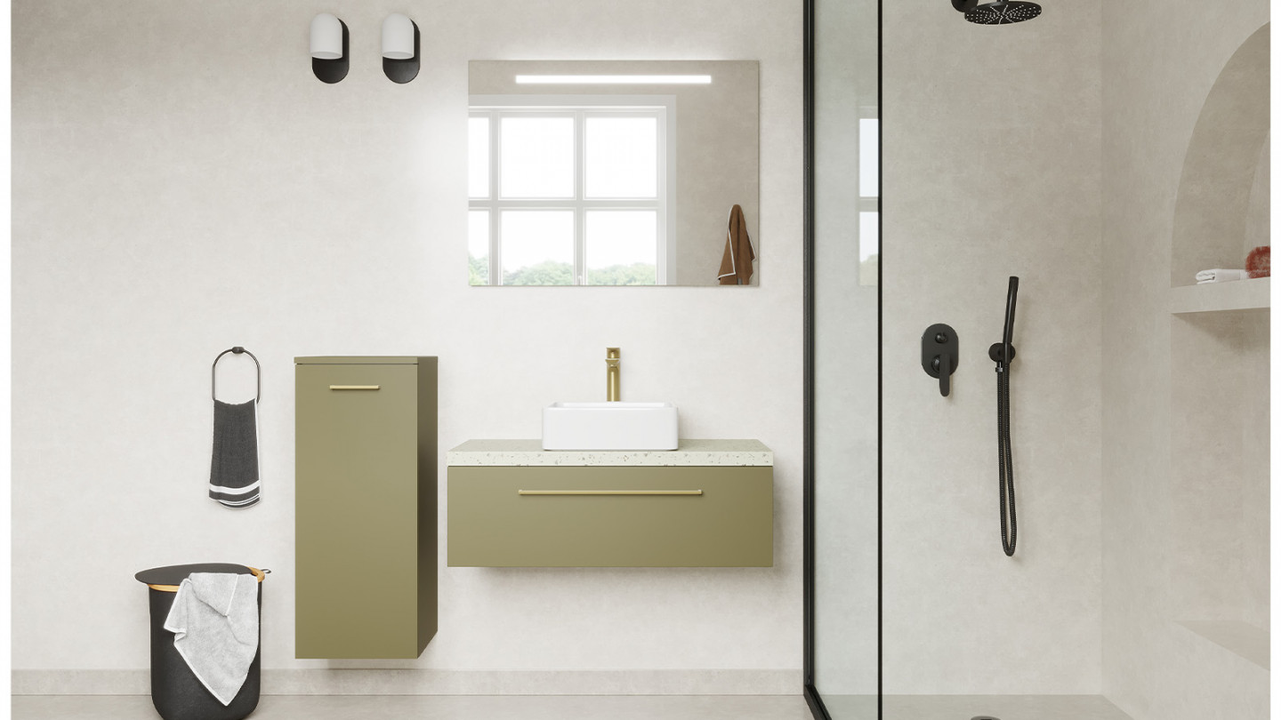 Meuble de salle de bain suspendu vasque à poser 90cm 1 tiroir Vert olive + miroir + colonne ouverture gauche - Osmose