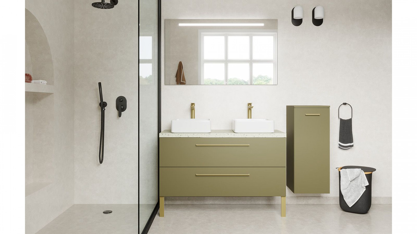 Meuble de salle de bain suspendu 2 vasques à poser 120cm 2 tiroirs Vert olive + miroir + colonne ouverture droite - Osmose