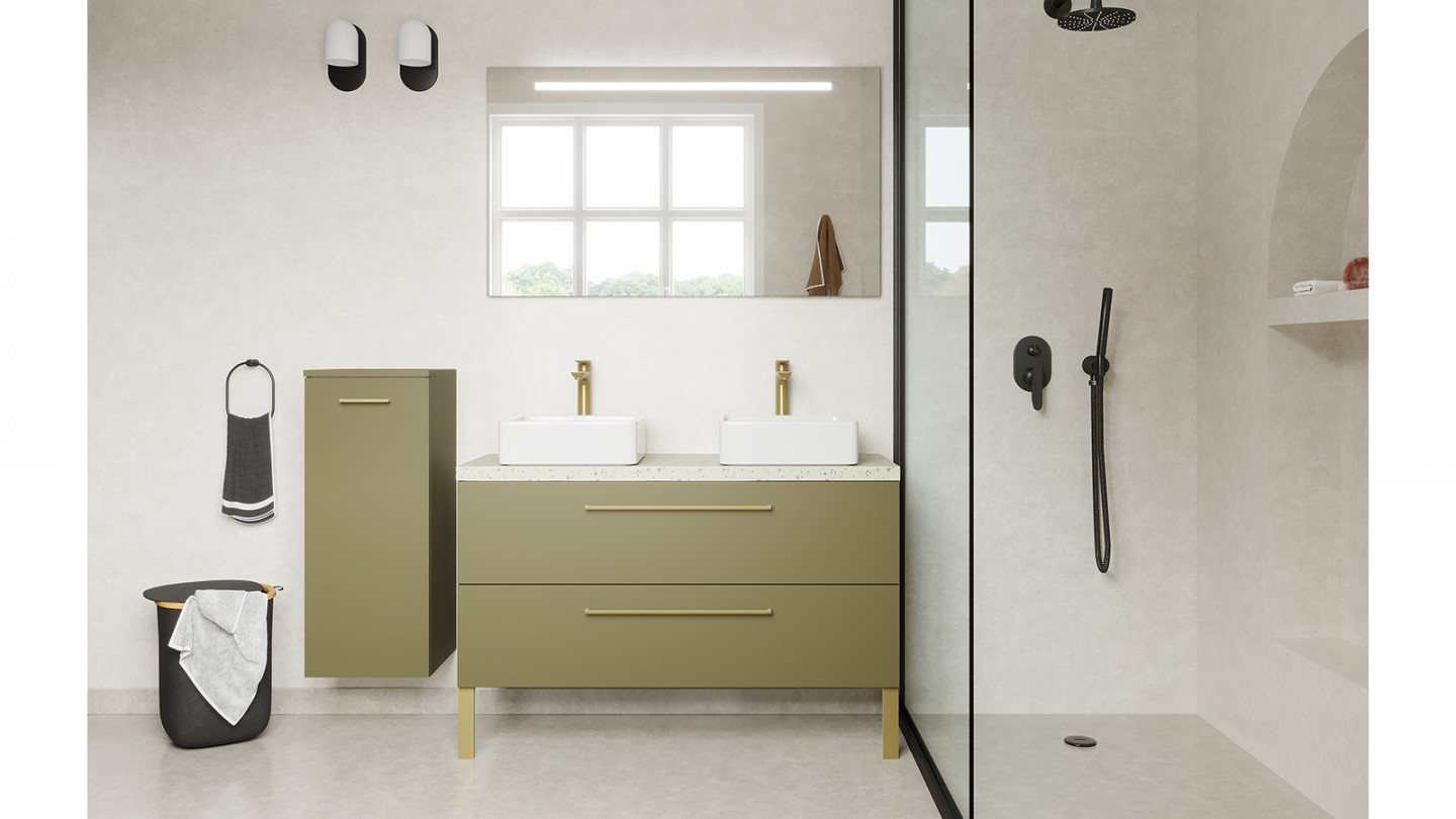 Meuble de salle de bain suspendu 2 vasques à poser 120cm 2 tiroirs Vert olive + miroir + colonne ouverture gauche - Osmose