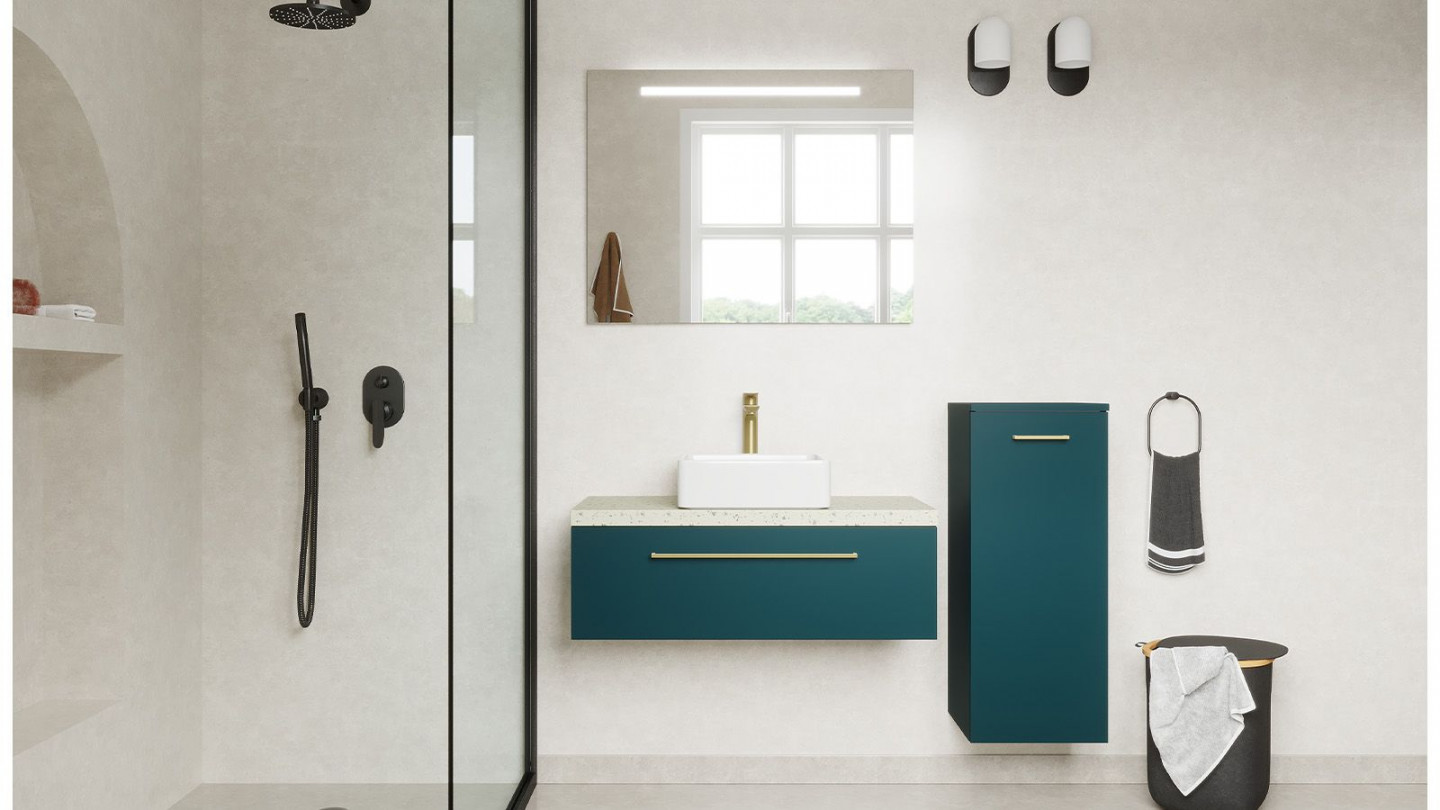 Meuble de salle de bain suspendu vasque à poser 90cm 1 tiroir Bleu + miroir + colonne ouverture droite - Osmose